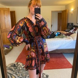 Farm Rio Black Flowers Tapestry Mini Dress